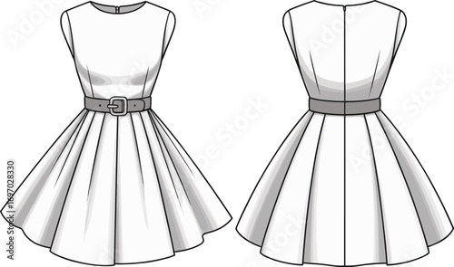 Sleeveless dress front view, back view, fitted bodice, flared skirt, waist belt, rectangular buckle, zipper closure, fashion CAD, garment design, vector illustration
