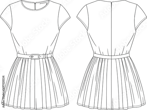 Short sleeve dress front view, back view, fitted bodice, pleated flared skirt, waist belt, rectangular buckle, round neckline, garment design, fashion CAD, vector illustration