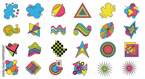 Collection of twenty four abstract colorful geometric shapes on white