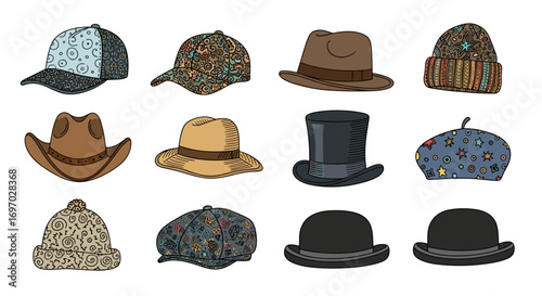 Illustration of twelve different types of hats arranged in a grid pattern