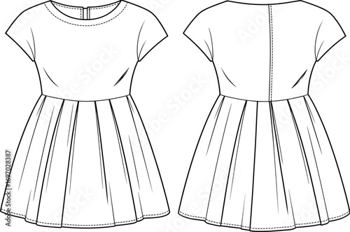 Front and back dress fashion CAD, flat vector illustration, technical garment drawing, pleated skirt design, short sleeve dress, round neckline, apparel template, sewing pattern