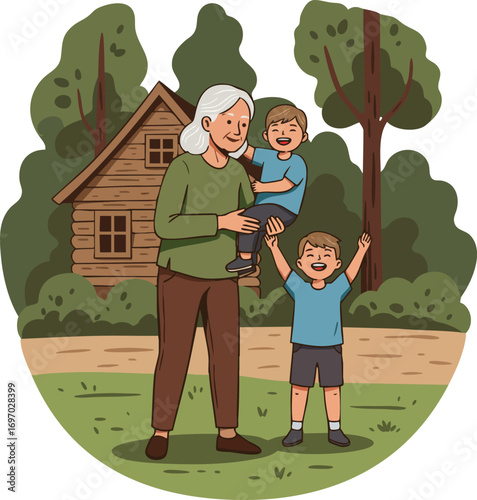 Grandmother with two happy grandchildren playing outside near wooden house in green natural environment vector illustration 