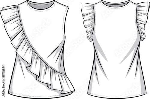 Technical fashion flat sketch of sleeveless tops with ruffle details, asymmetrical and symmetrical designs, sewing pattern outline, front views, black and white CAD vector illustration