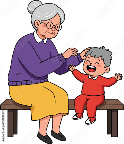 Grandmother playing happily with toddler boy on bench in colorful casual clothes family bonding scene vector illustration 