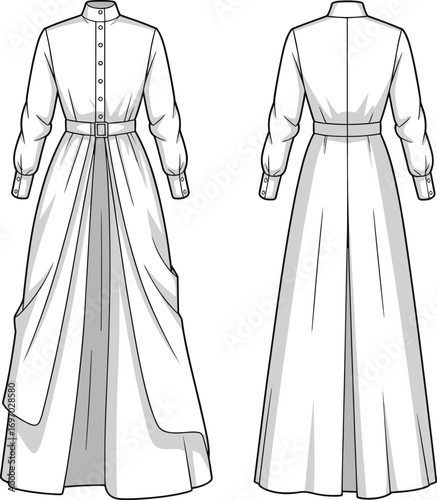 Technical fashion flat sketch of long sleeve belted dress with pleated skirt, high collar, button cuffs, front and back view, CAD vector illustration