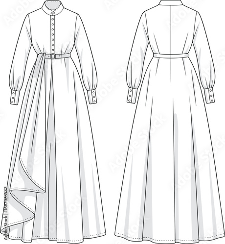 women’s long sleeve belted dress front view, women’s long sleeve belted dress back view, high collar button bodice, asymmetrical draped skirt panel, voluminous cuff sleeves