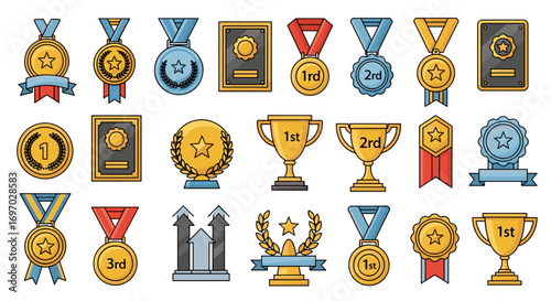 Illustration of various awards including medals, trophies, and plaques