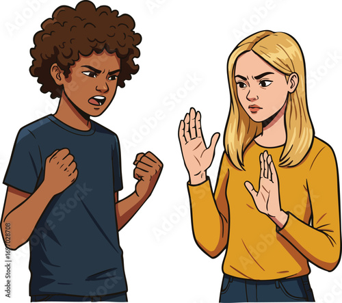 Two young people having an argument with expressive gestures and serious facial expressions vector illustration 