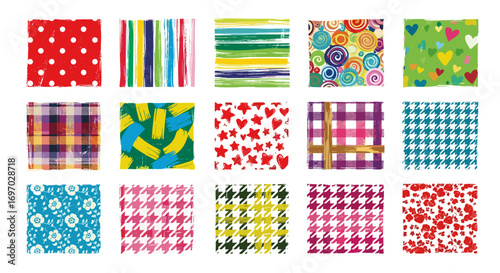 Fifteen colorful patterned rectangles arranged in a grid formation here