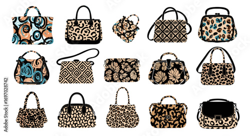 A collection of fifteen patterned handbags arranged in a grid pattern