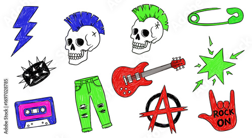Collection of punk rock themed drawings including skulls and a guitar