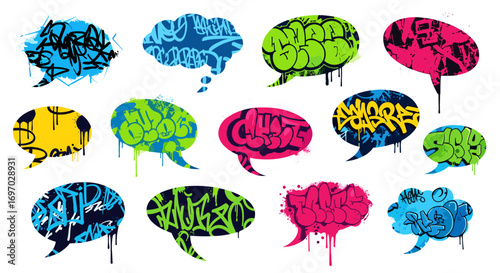 Collection of graffiti style speech bubbles with various color schemes