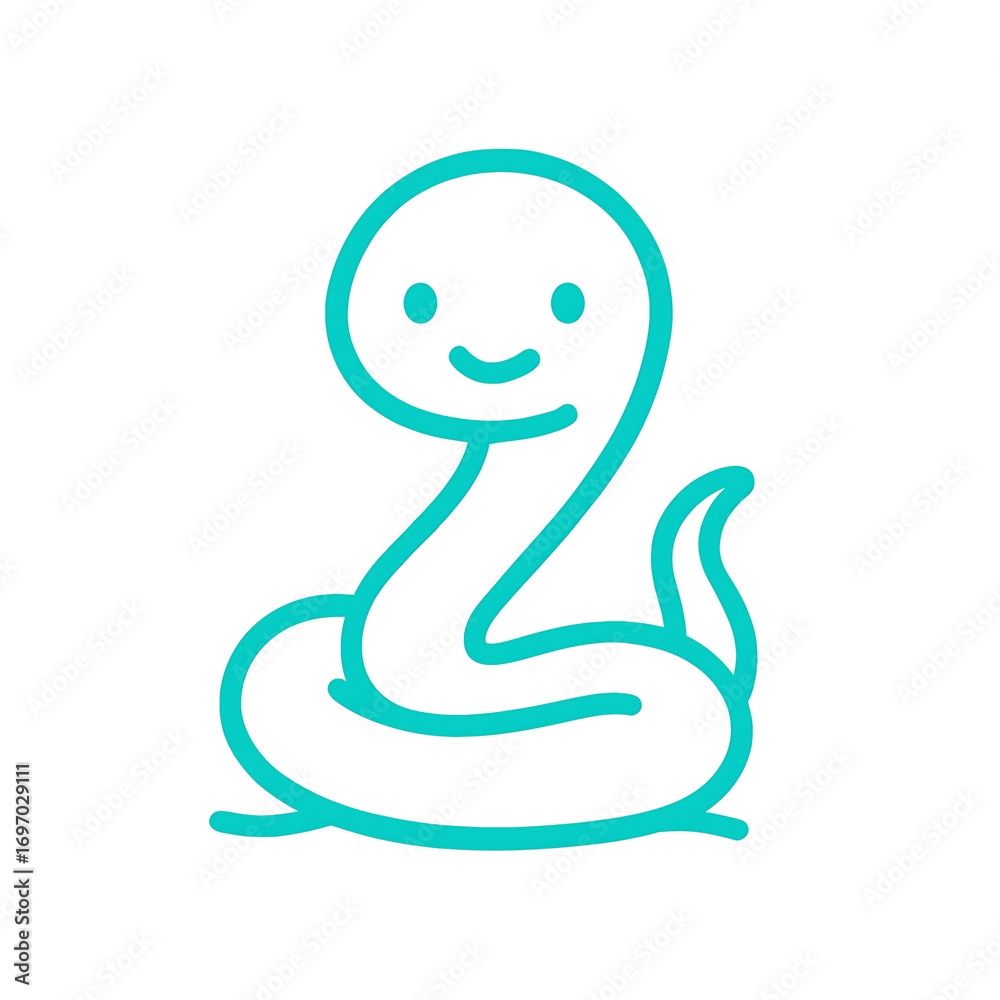 Fototapeta premium Silly serpentine friend outlined in teal smiles warmly on white background