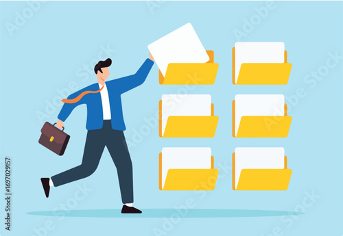 Flat illustration of businessman organizes documents into archive folders illustrating file management and administrative work