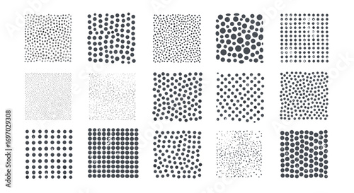 Fifteen rectangles filled with varying patterns of black oval shapes