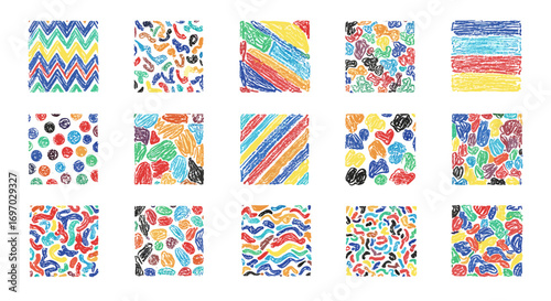 Fifteen rectangular crayon drawings with colorful abstract patterns art