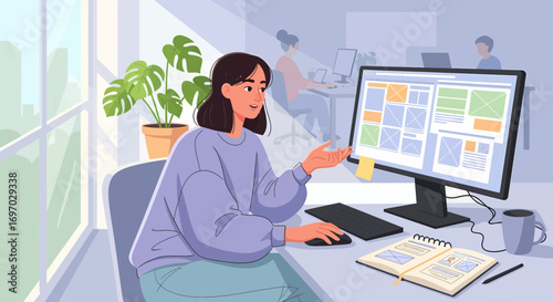 Woman Discussing Website Wireframe With Colleagues In Creative Office