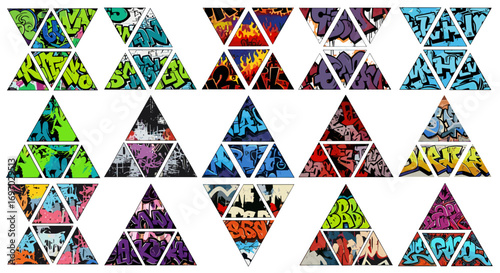 Arrangement of triangular graffiti art pieces in a grid formation view