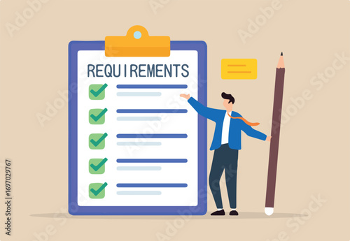 Flat illustration of product developer hold pencil confirm requirement checklist