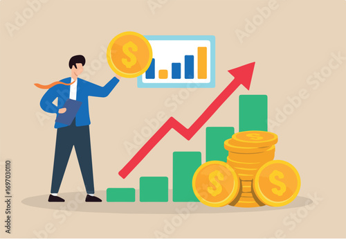 Flat illustration of businessman investor analyze financial graph while holding coin to study market growth