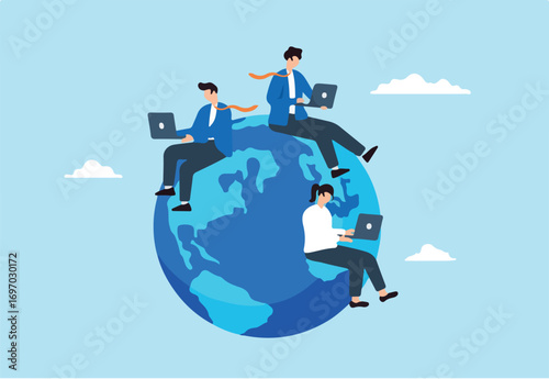 Flat illustration of business people sit around globe working on laptop symbolizing remote work and global collaboration