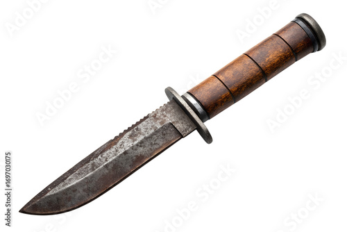 Close-up view of a rustic, weathered combat knife with a worn leather handle, showcasing its historical significance and rugged appeal