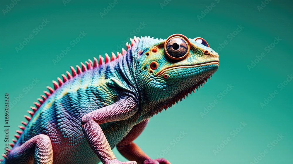 Fototapeta premium chameleon in sunglasses, modern digital art with faceted shapes, minimalistic vector design, wide panoramic solid color backdrop.