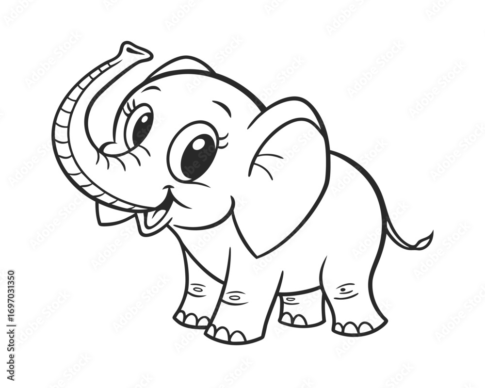 Obraz premium Adorable Baby Elephant Cartoon Illustration with Big Eyes and Raised Trunk Perfect for Childrens Books and Educational Materials