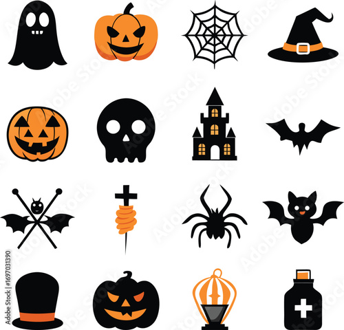 Collection of Halloween icons set silhouette vector art illustration.