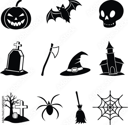 Collection of Halloween icons set silhouette vector art illustration.