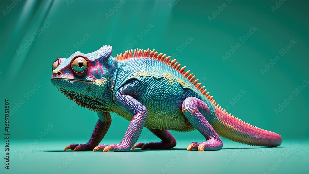 Fototapeta premium chameleon in abstract sunglasses, geometric faceted digital art, minimal style vector on a wide solid panorama background.
