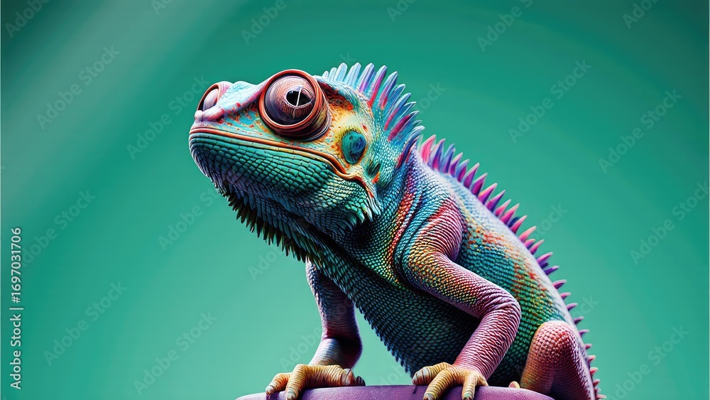 Obraz premium chameleon wearing dark shades, geometric and faceted vector art, minimal abstract style, centered on a solid color panorama background.