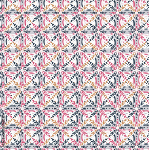 abstract symmetrical floral shapes arranged in a grid on a vivid hot pink background