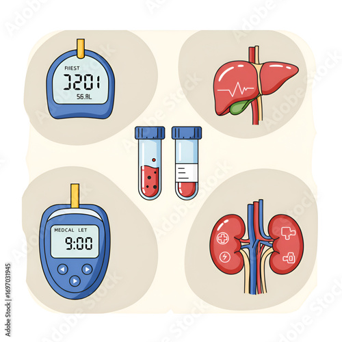 Medical Icons Grid Featuring Blood Glucose, Liver, Kidneys, and Test Tubes