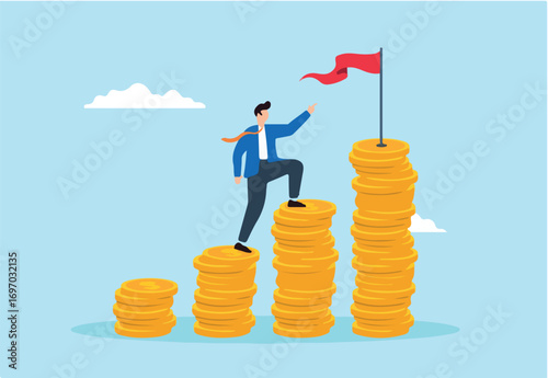 Flat illustration of businessman climb money coin stack to achieve red target flag financial goal achievement investment plan salary growth