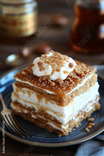 Wallpaper Mural Delicious cake with cream, honey, and syrup on a plate with fork, perfect sweet layered treat Torontodigital.ca