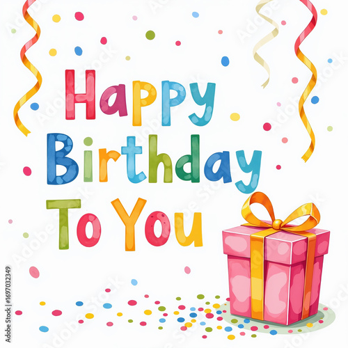 Vibrant Happy Birthday To You text in multicolored letters, surrounded by confetti, ribbons, and a pink gift box with yellow ribbon on white background.