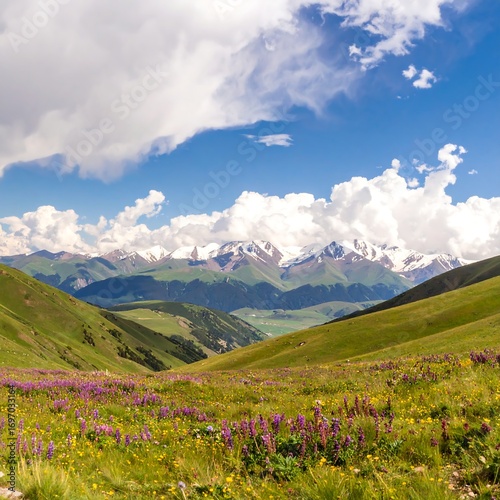 Fototapeta Naklejka Na Ścianę i Meble -  Mountain meadow with wildflowers, snow-capped peaks, and vibrant sky