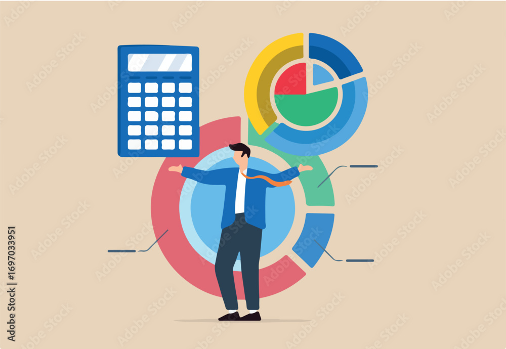 Obraz premium Businessman with calculator and pie chart. Concept of cost structure analysis, expense and income balance calculation, revenue assessment, debt and investment analysis, budgeting, and saving
