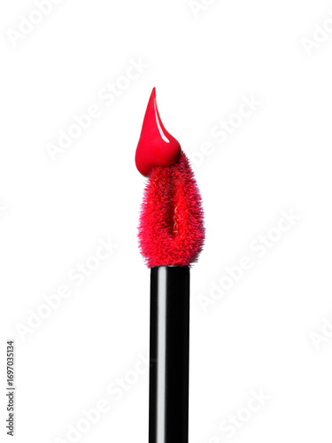 Принти на полотні Red lip gloss texture on top of brush isolated on white background