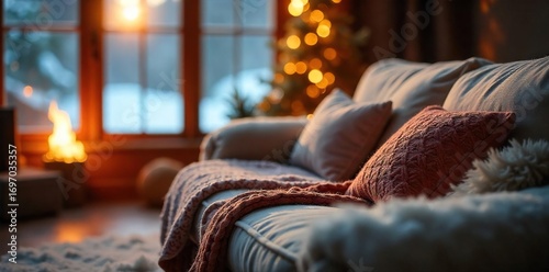 Cozy winter scene featuring a plush couch draped with a thick knit throw blanket, inviting and warm, perfect for a relaxing evening by the fire , interior design, armchair, dwelling