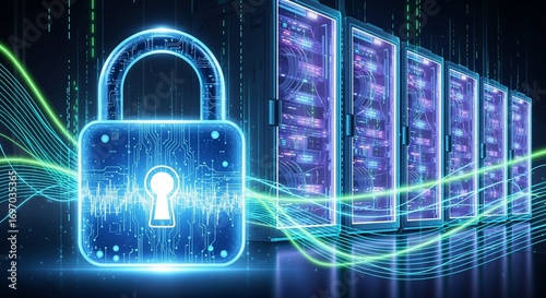 Advanced cybersecurity concept with a digital padlock protecting a futuristic server room and data network