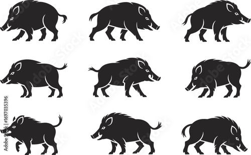 Wild boar silhouette illustration set, black forest pig icons, hunting animal graphic for wildlife, nature, outdoor, or woodland design.