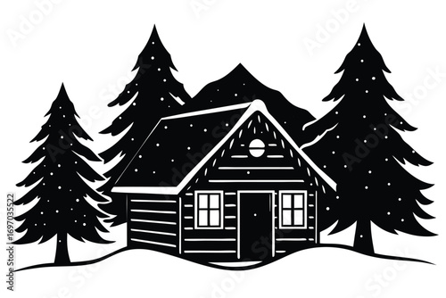 snowy cabin silhouette vector art