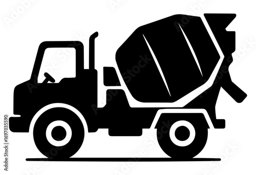 Black and white illustration of the badge of a cement truck with a concrete mixer in a minimalist style on a white isolated background. Vector graphics. EPS.