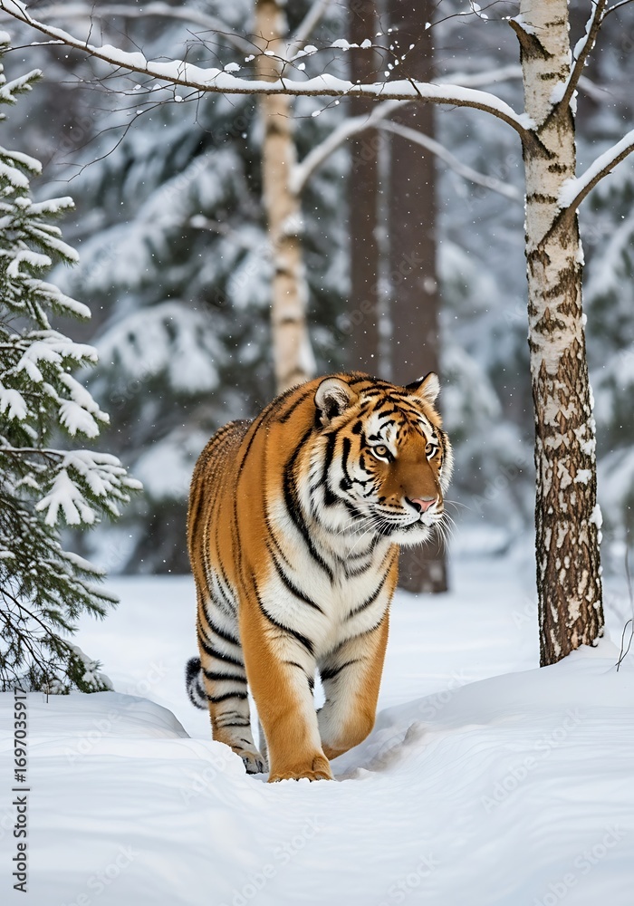 Obraz premium Majestic Siberian Tiger Strolling Through a Snowy Winter Forest, Wilderness Exploration