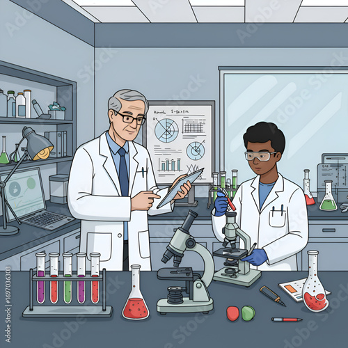 Two Lab Doctors Working with Tablet and Microscope