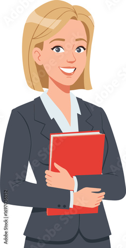 Cartoon businesswoman in suit holding red folders, confident professional woman smiling, office worker character vector illustration design.