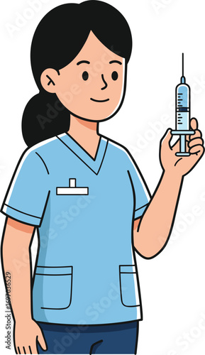 Cartoon female nurse holding syringe, medical worker in uniform preparing injection, healthcare professional vector illustration on white background
