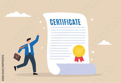 Happy businessman with star certificate paper, illustrating work achievement. Concept of certificate for taking course, award for excellent work, diploma document, and license stamp